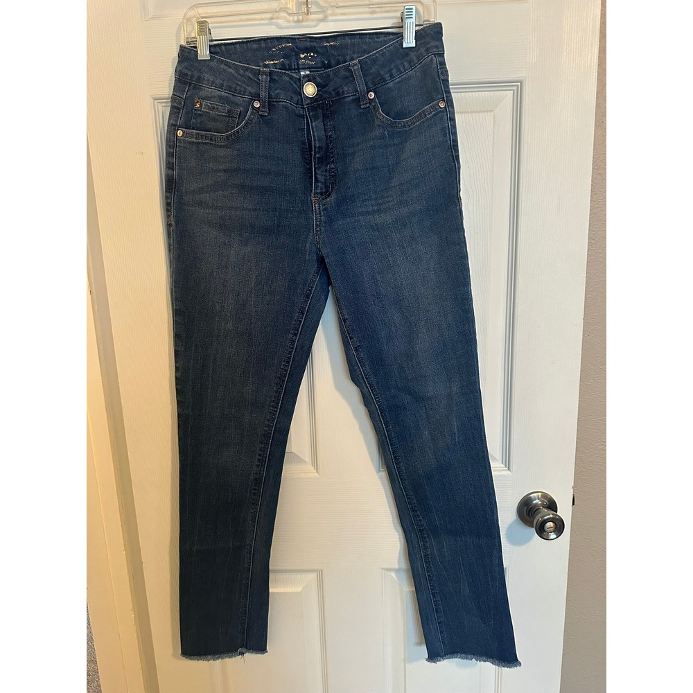 Seven7 Womens High Rise Skinny Jeans Medium Wash Frayed‎ Raw Hem Blue Denim Sz 8